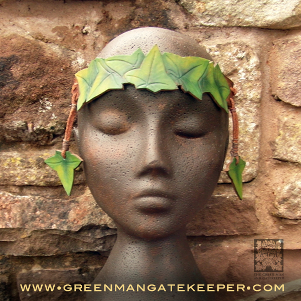 Ivy Leaf Tiarra Head Band with hanging Ivy Leaves  Tied with a cord.  Made from hand coloured oak tanned leather.     35.00