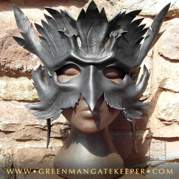Black feathered mask, with a pendant feather on each side.  Handmade in leather in the Ancient Forest of Dean Hand formed and coloured leather  - 140